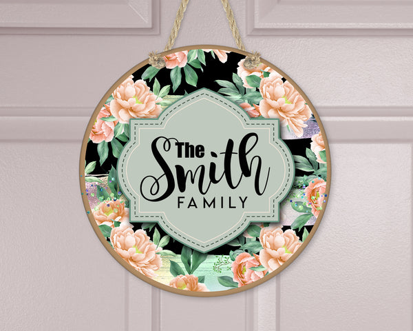 Family Name Door Sign with orange and black peonies